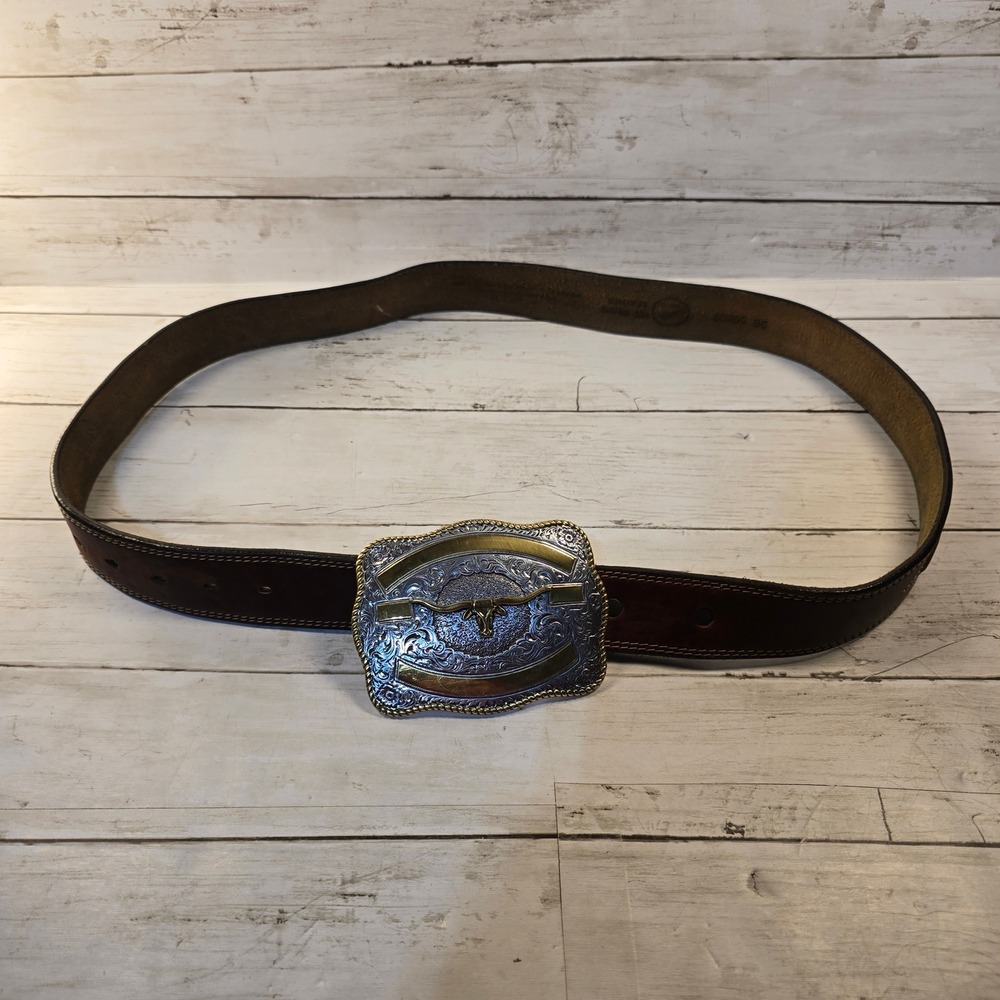 Circle Y Classics Brown Leather Belt 38 Crumrine Longhorn Trophy Buckle Western